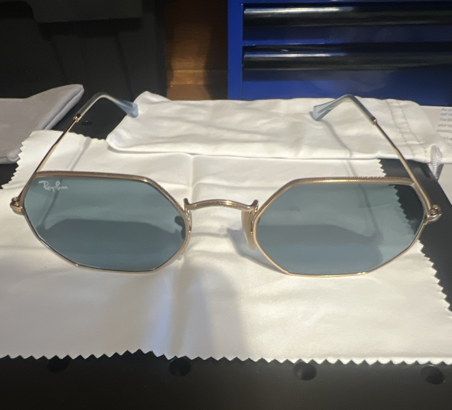 Ray-Ban RB3548 Geometric Sunglasses Gold Metal Frame Blue Gradient Glass 145mm
