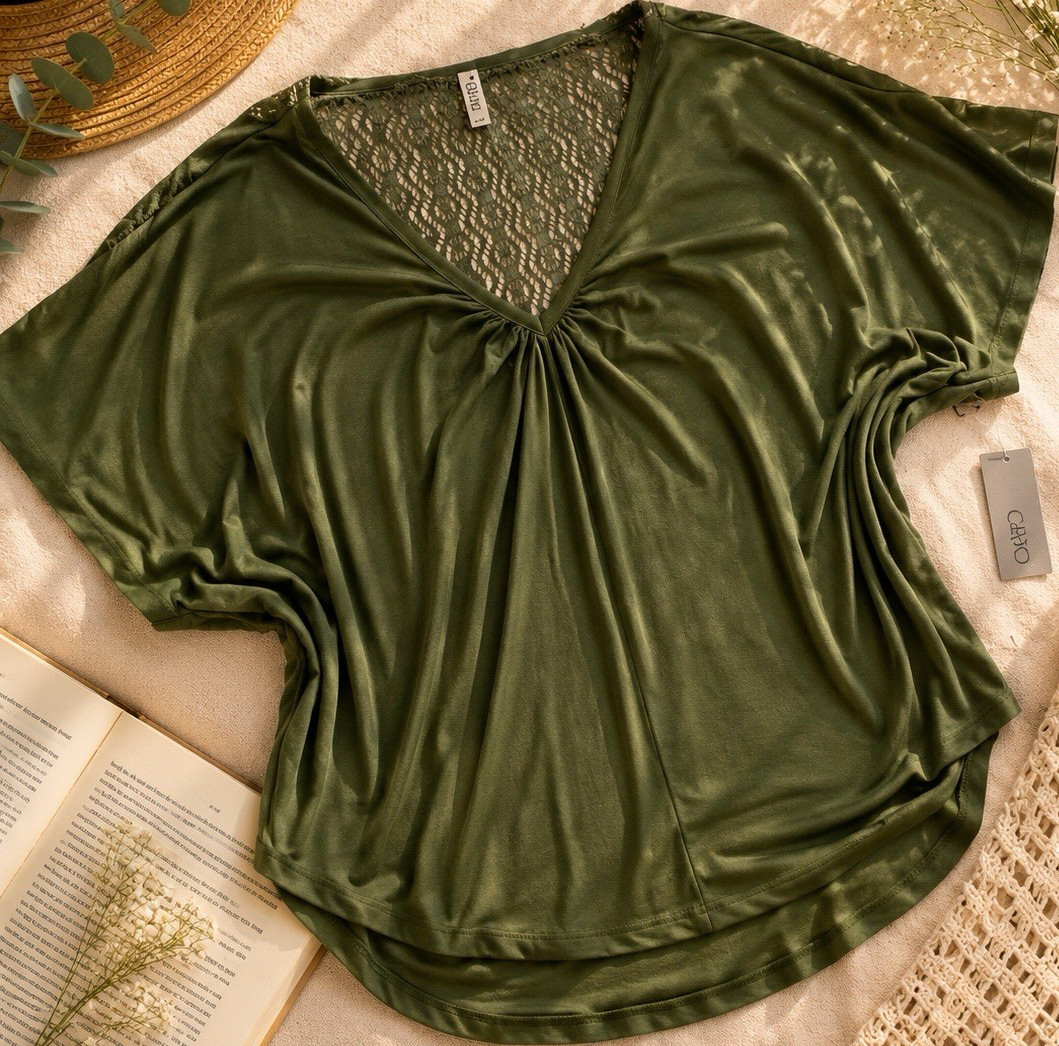 Glitz Women’s Olive Green Lace V-Neck Circle Batwing Dolman Sleeve Blouse 2X