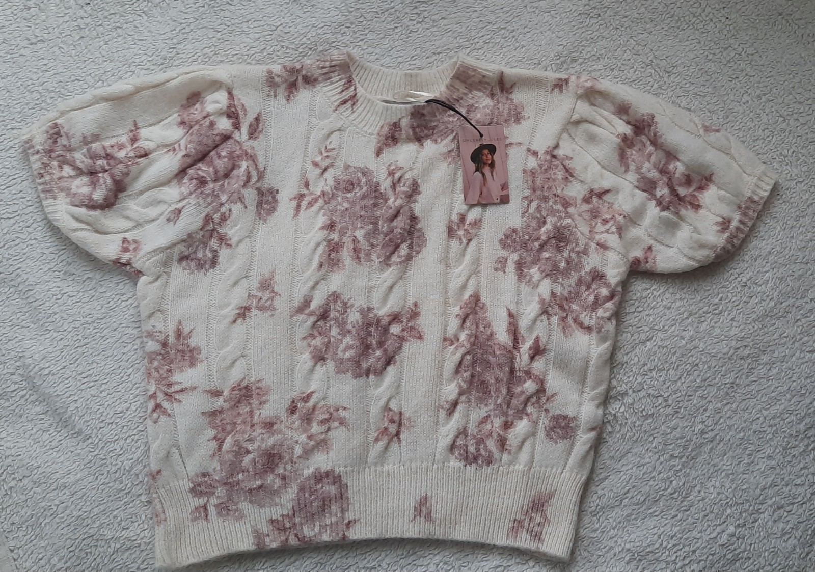 Small Soft Girl Fairy Knitted Sweater S. Sleeve Crew Neck Floral Top New Pink