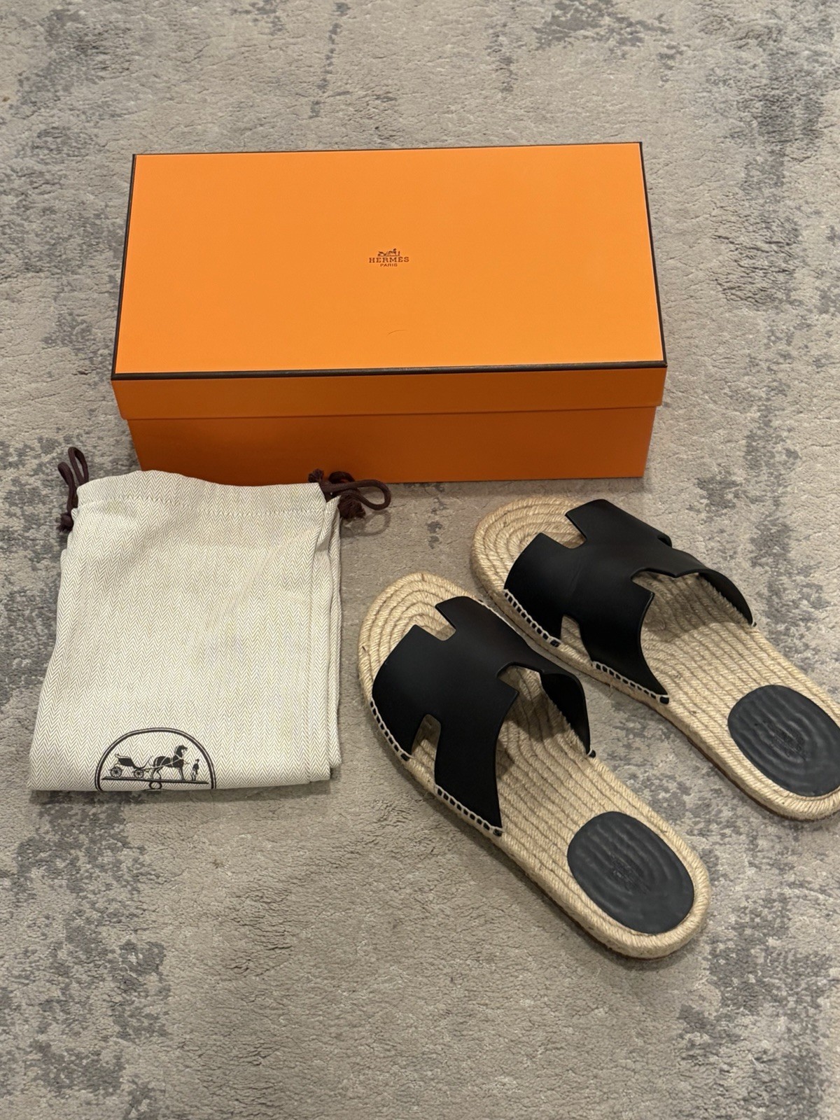 Hermès Antigua Espadrille Sandals Black Leather EU 43 US 10 w/ Box Dust Bags