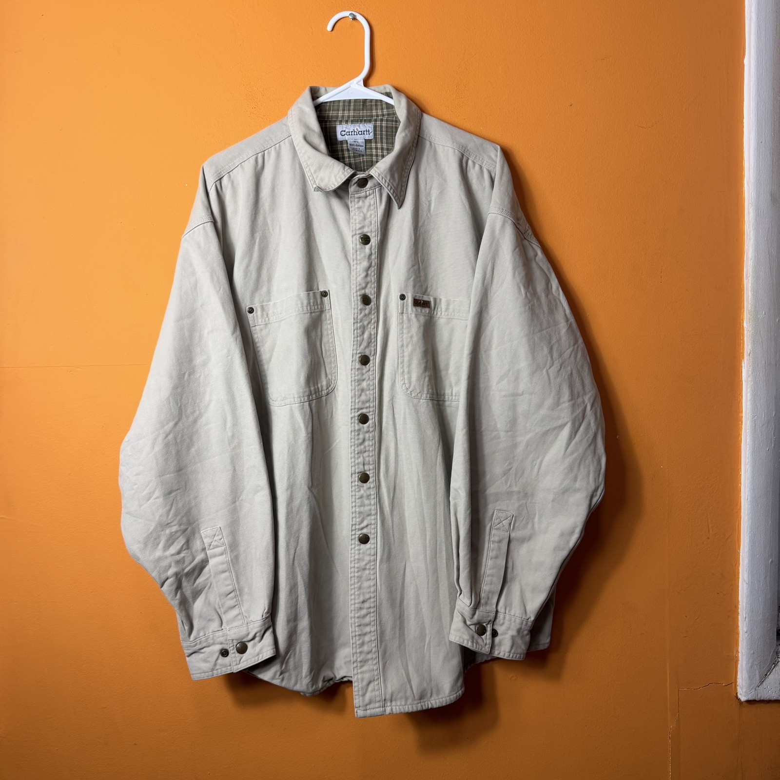 Vintage Carhartt Shirt Mens Sz XL Beige Flannel Lined Canvas Shacket Jacket S96