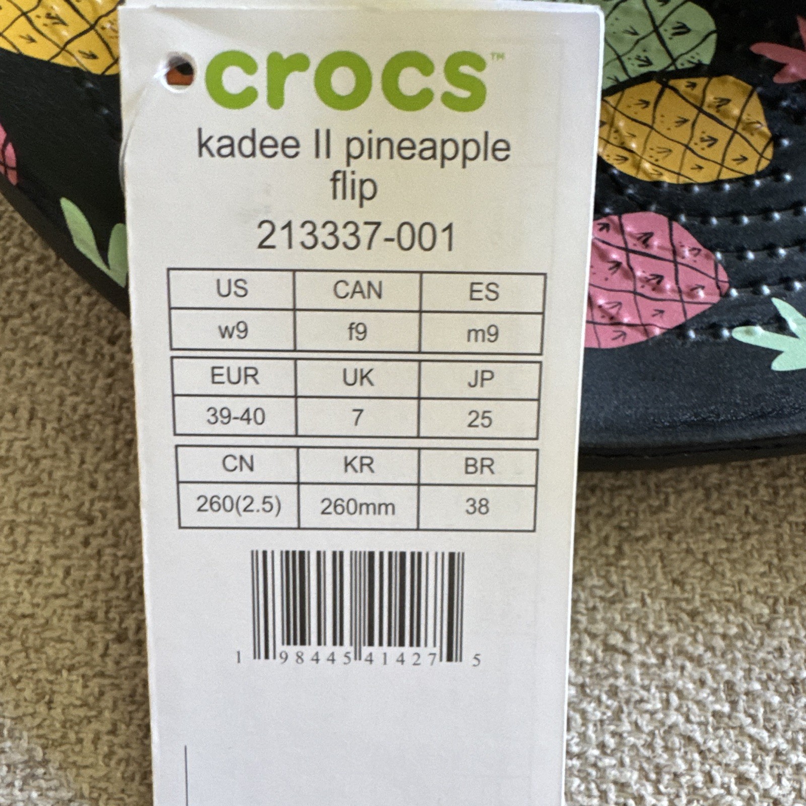 Crocs Women’s Kadee Flip Flop Sandals Pineapple Print Black/Multicolor US 9
