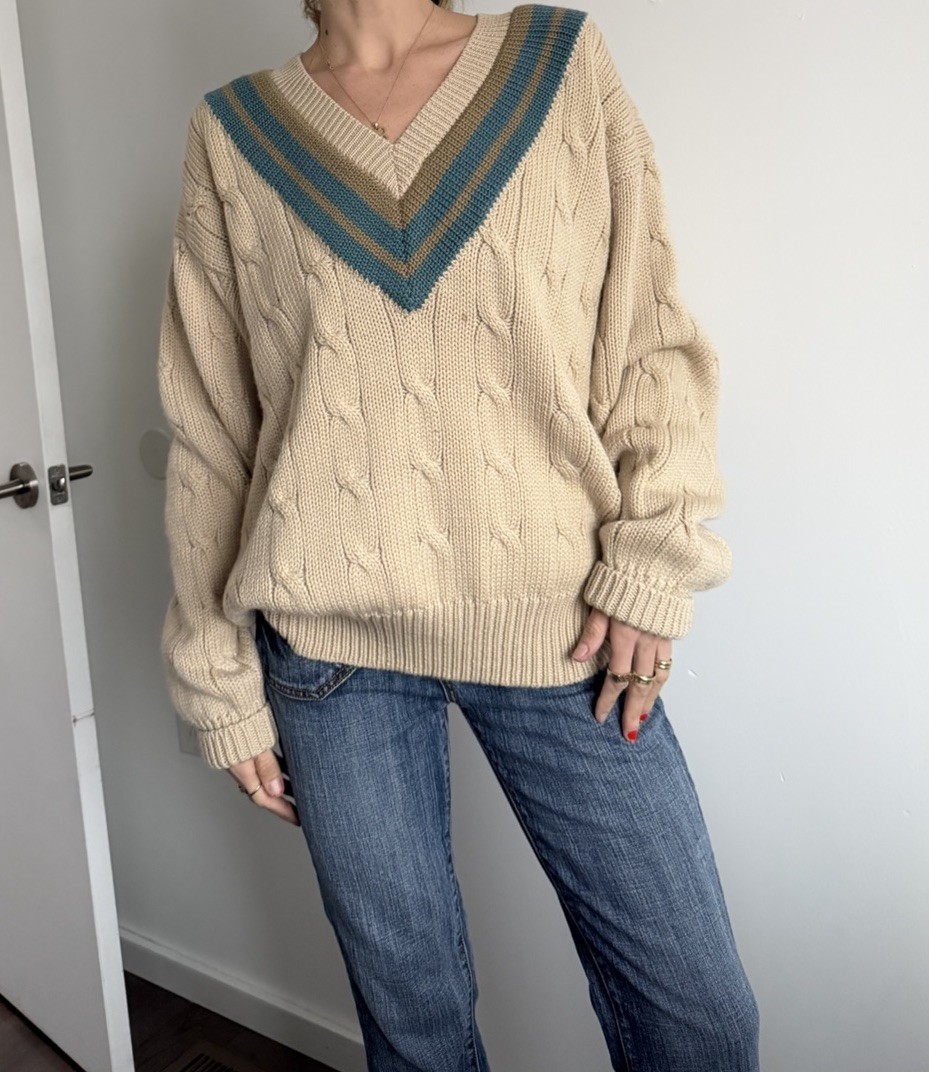 Faconnable Beige Blue Green Cable-Knit V-Neck Pullover Sweater XL Striped Trim