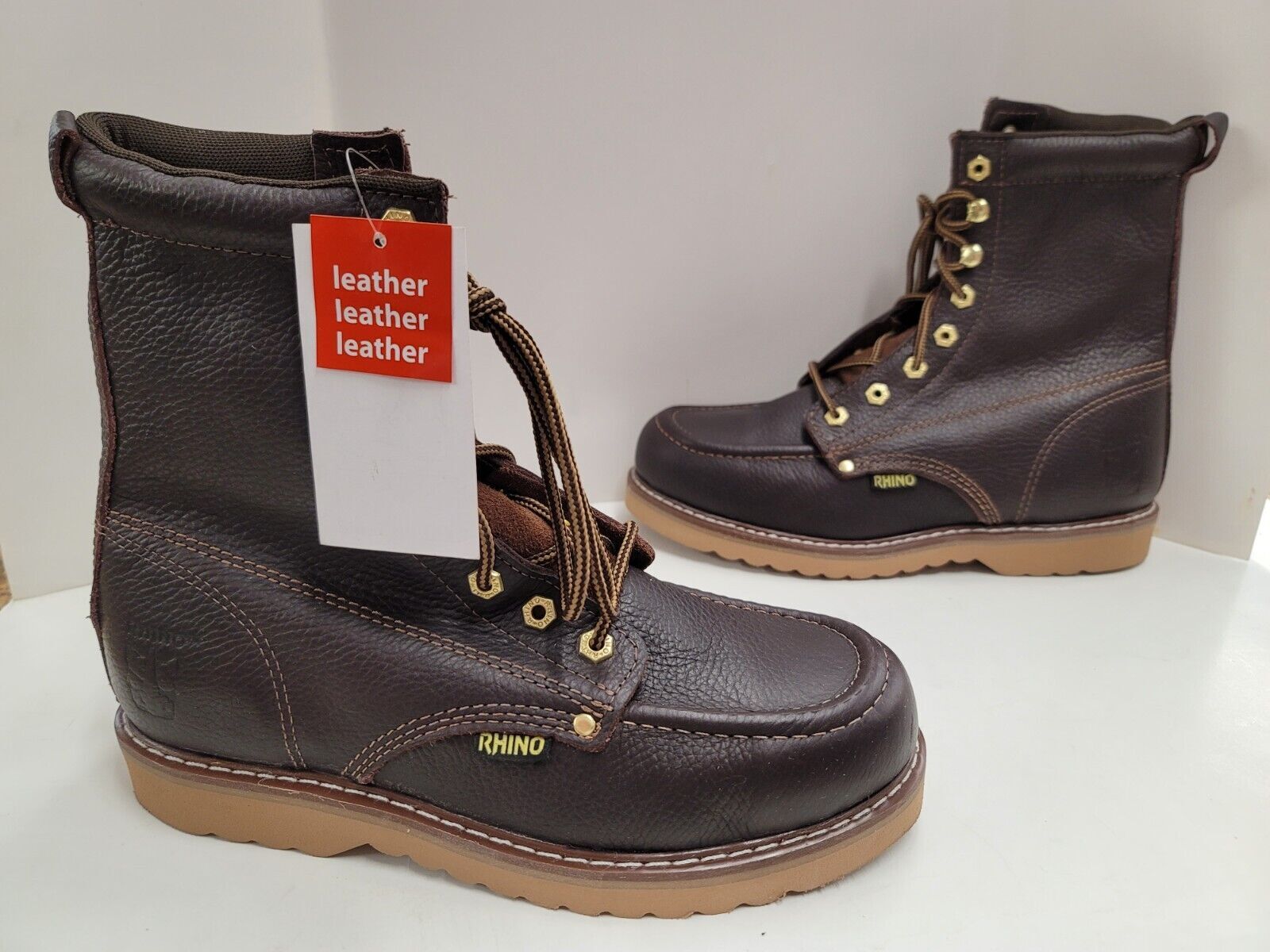 Mens Rhino 82M28 Leather Brown 8″ Soft Toe Moc Toe Lace Up Work Boots