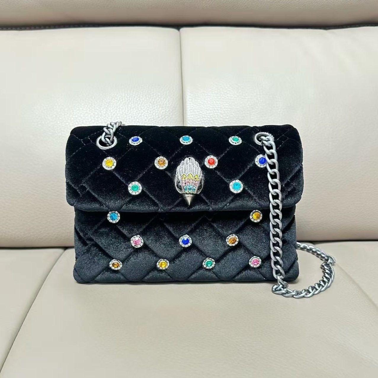 Kurt Geiger London Black Velvet Quilted Crossbody Bag Crystal Eagle 20×8×15cm