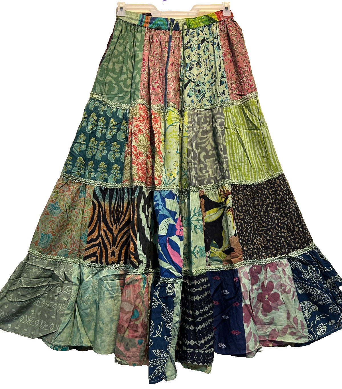 Nwt FUNKY STUFF boho hippy patch rayon elastic waist maxi SKIRT L Free shipping
