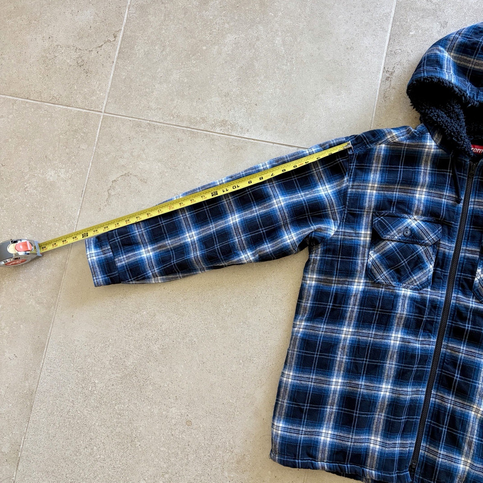 Supreme Men’s Plaid Hooded Zip Jacket Sherpa Lined Blue/Black/White M