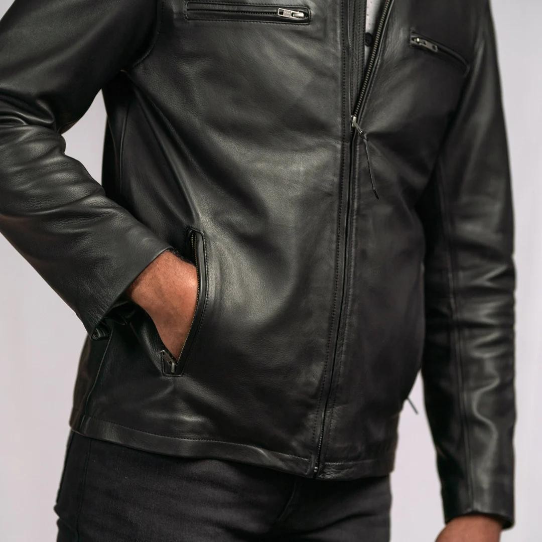 Men’s Real Leather Jacket Genuine Cafe Racer Biker Slim Fit Motorcycle Coat