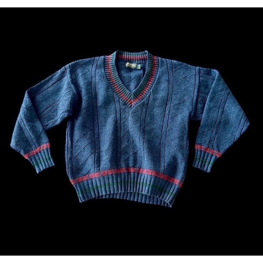 Vintage 80’s American Eagle Wool V Neck Varsity Sweater Large Wool Nylon Blue