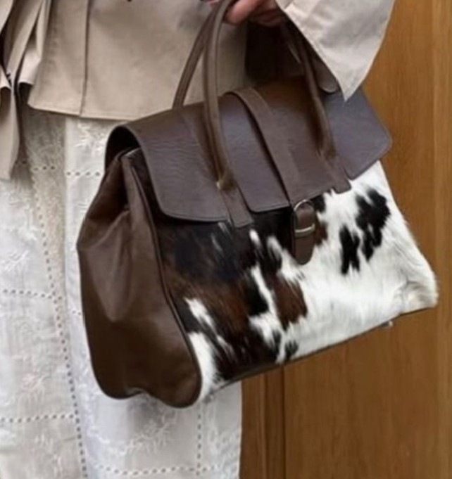 Genuine Cowhide Leather Tote Bag Hair-On Brown White Shoulder Handbag Western