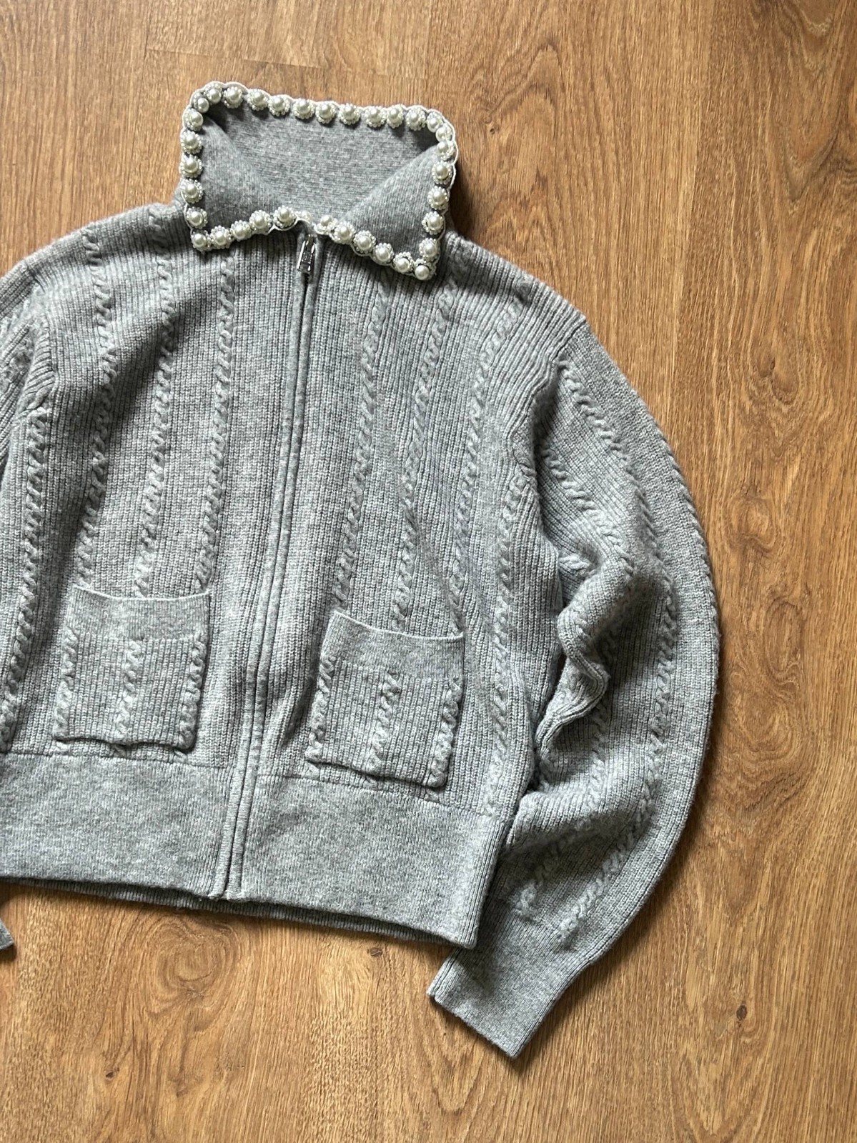 Sandro pearl-embelished cable-knit cardigan womens 2 size grey