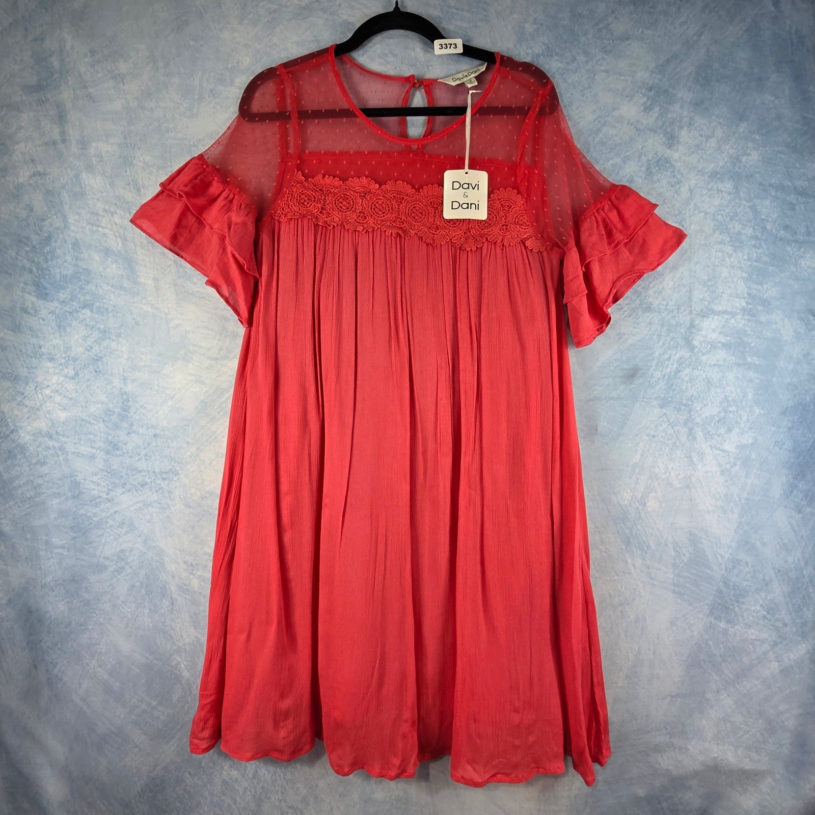 Davi & Dani Womens Coral Red Swiss Dot Mesh Lace Ruffle Babydoll Dress DD81285 S