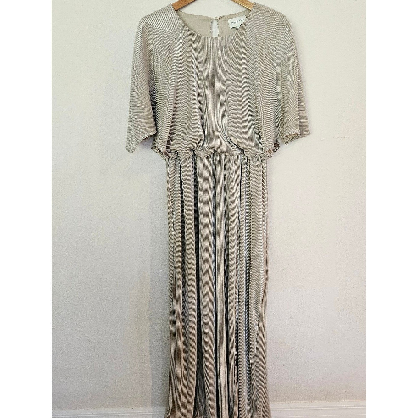 Celadon Cape Metallic Champaigne Pleated Maxi Dress with Front Slit