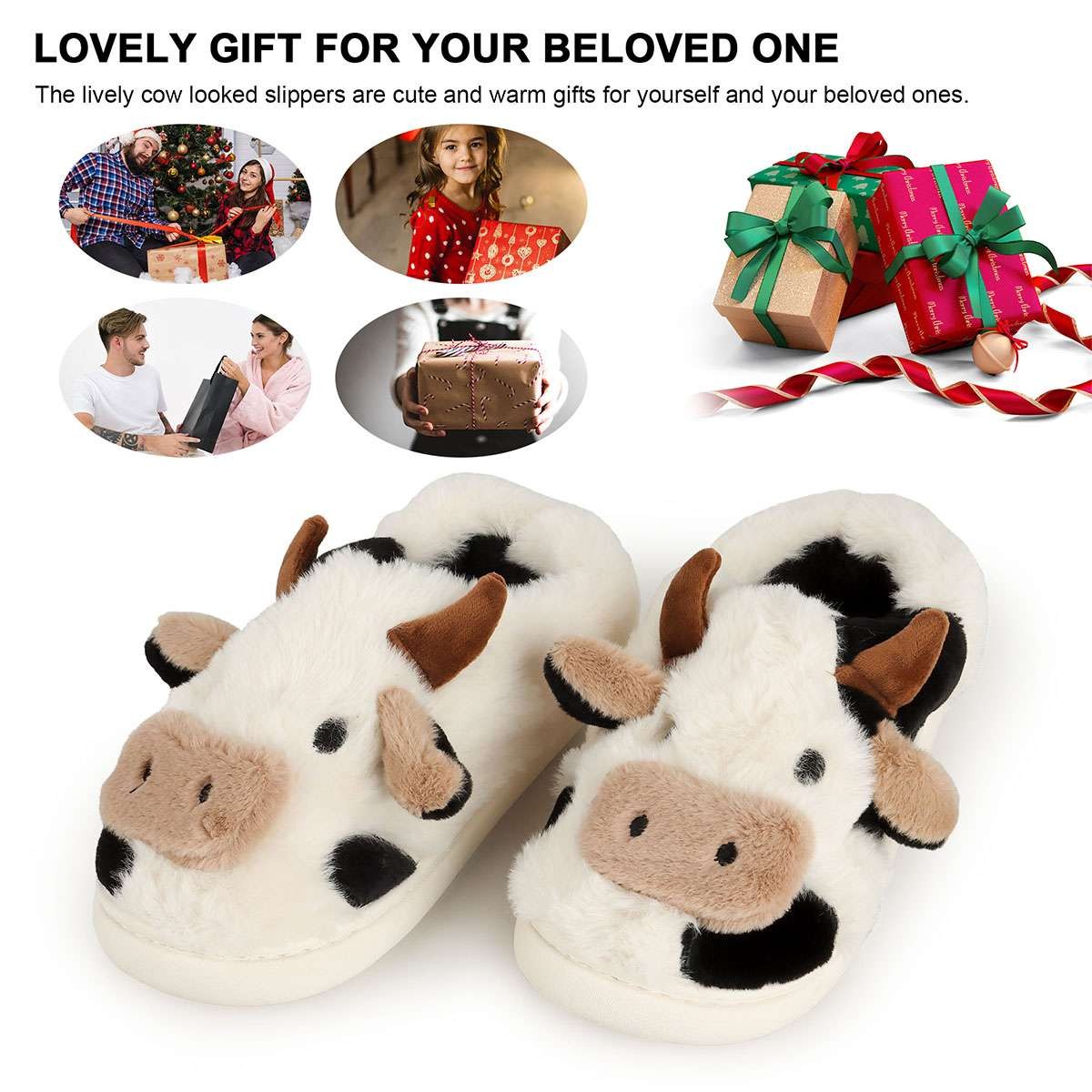 Cow Slippers for Women Men Fluffy Cute Cozy Cartoon Cow Winter Warm Slippers