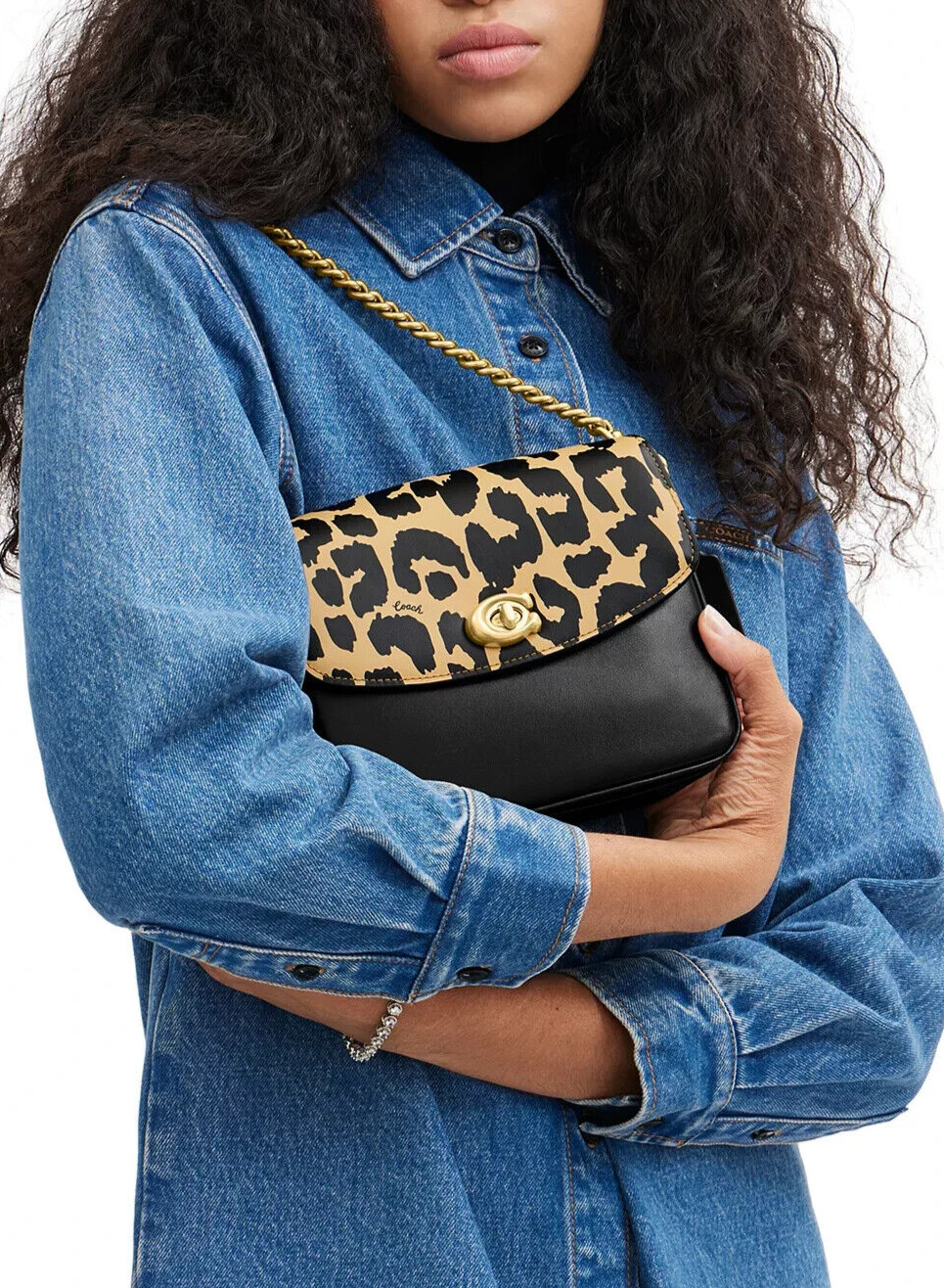 NWT COACH Cassie 19 CM571 Chain Satchel Crossbody Handbag In LEOPARD MULTI Brass