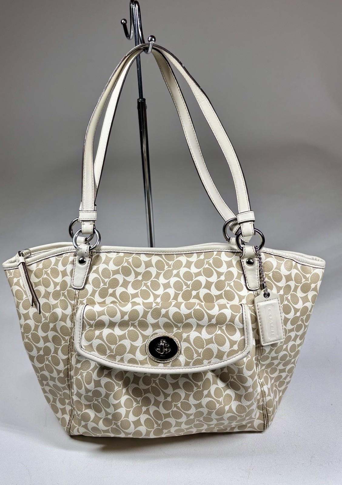 Coach Signature Leah Large Shoulder Tote Bag Khaki White 15135 Handbag Purse