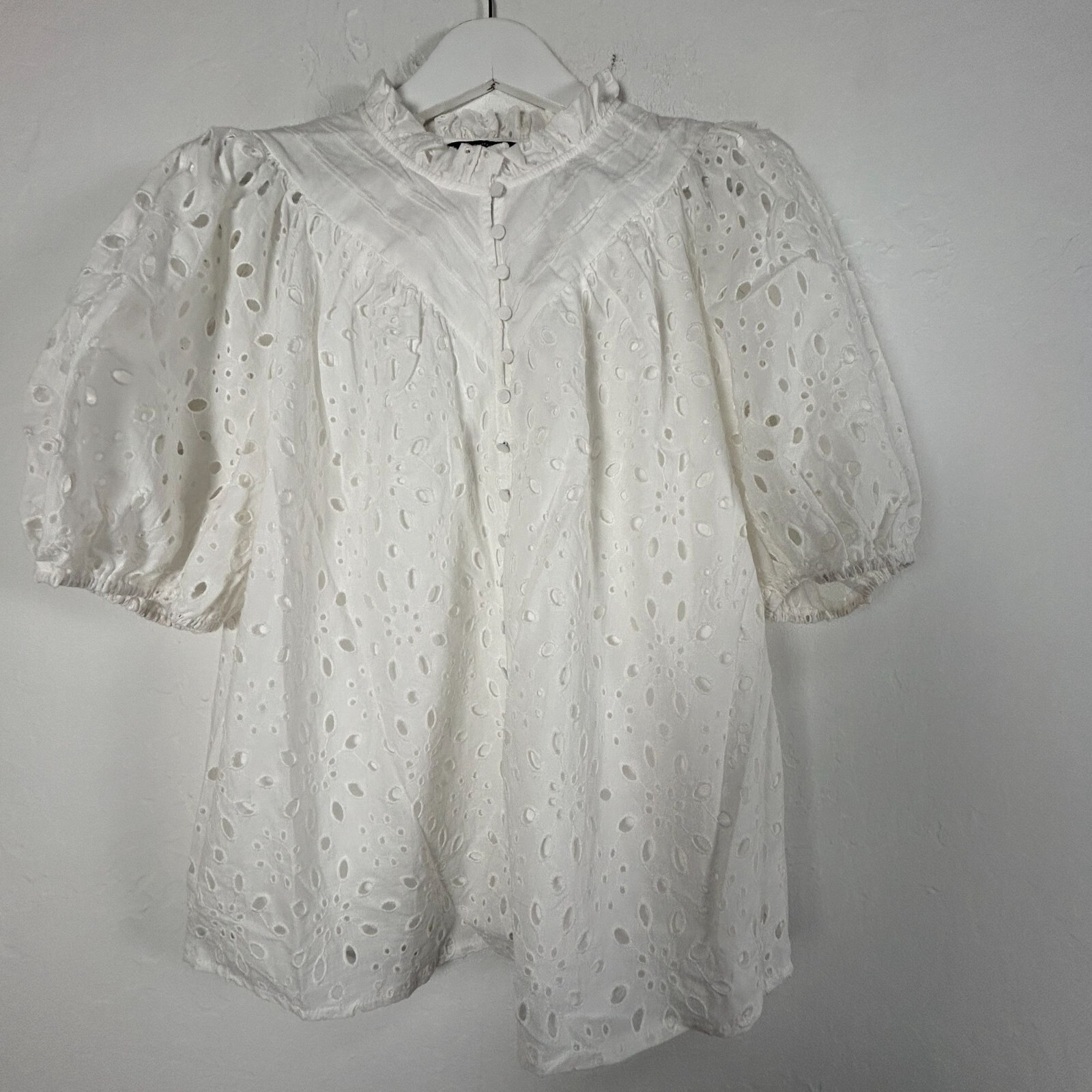 PrettyGarden Eyelet Lace Blouse Top Ruffle Collar Puff Sleeve Womens Large White