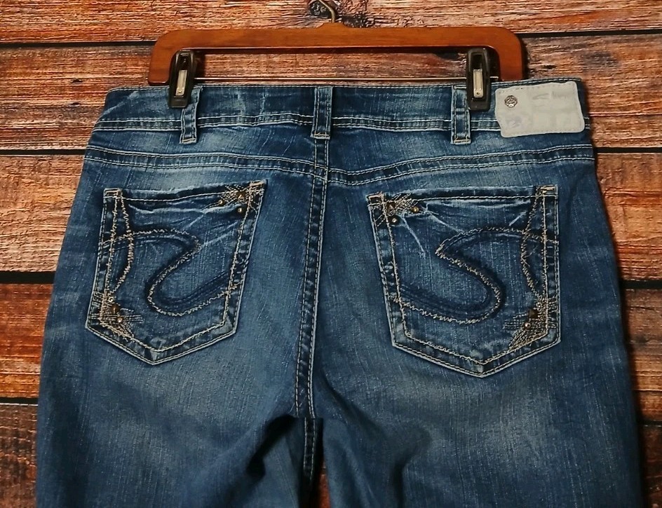 Silver Jeans 32 14 Long Suki Mid Straight Dark Wash Distressed Denim Stretch