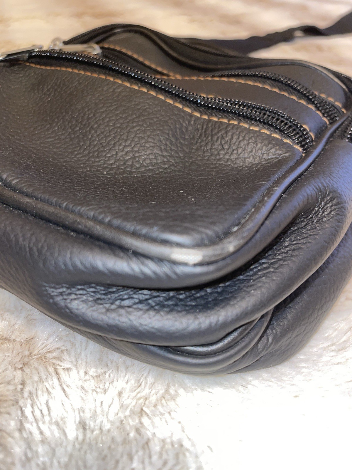 Real Leather Black Pebbled Crossbody Bag with Multi-Zip, Adjustable Strap