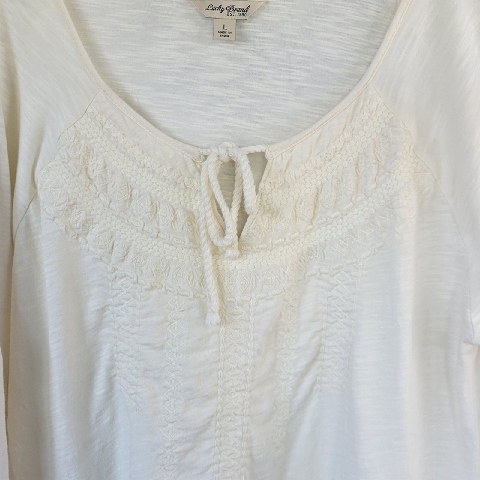 Lucky Brand Sz L Embroidered Cotton Peasant Cottagecore Blouse Top Cream