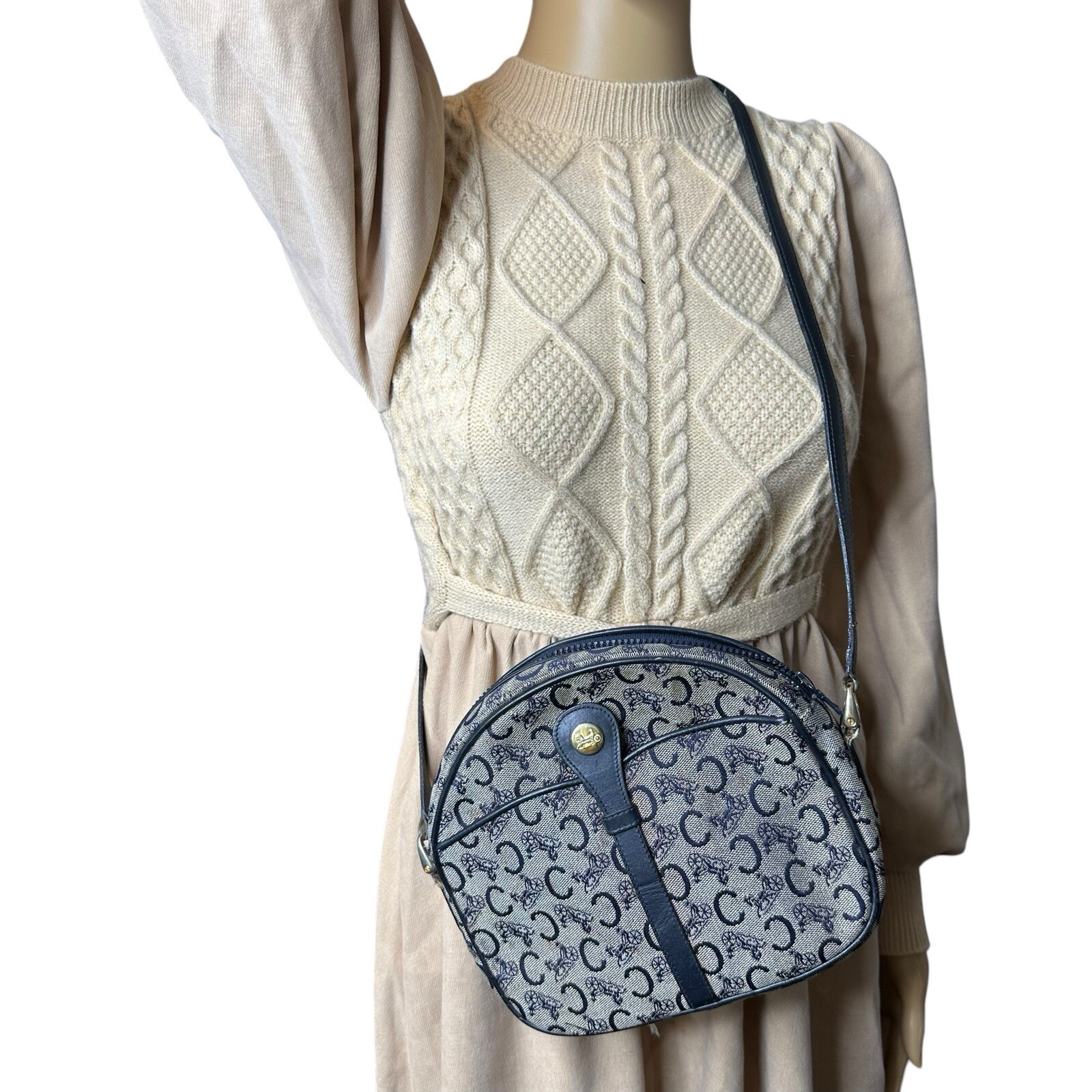 Celine Horse Carriage Hardware Gold Logo C Blue Jacquard/Leather Crossbody Bag