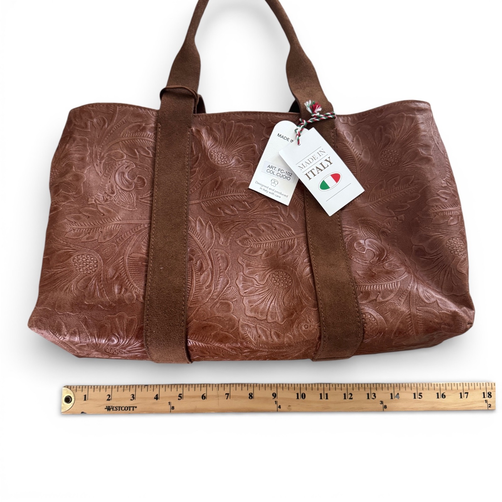 Viola Gigli Leather Tote Handbag Brown Cuoio Embossed Floral Made In Italy – NWT