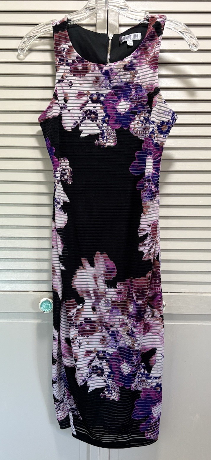 Jennifer Lopez Bodycon Midi Dress Black/Purple Floral Size 2 Zip Back Lined
