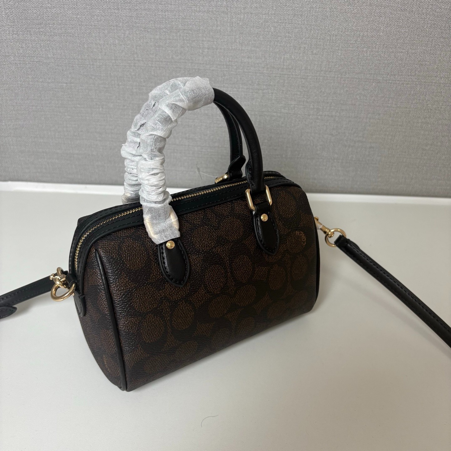 COACH Mini Rowan Crossbody CW329 Signature Canvas Walnut Black Bag Outlet New