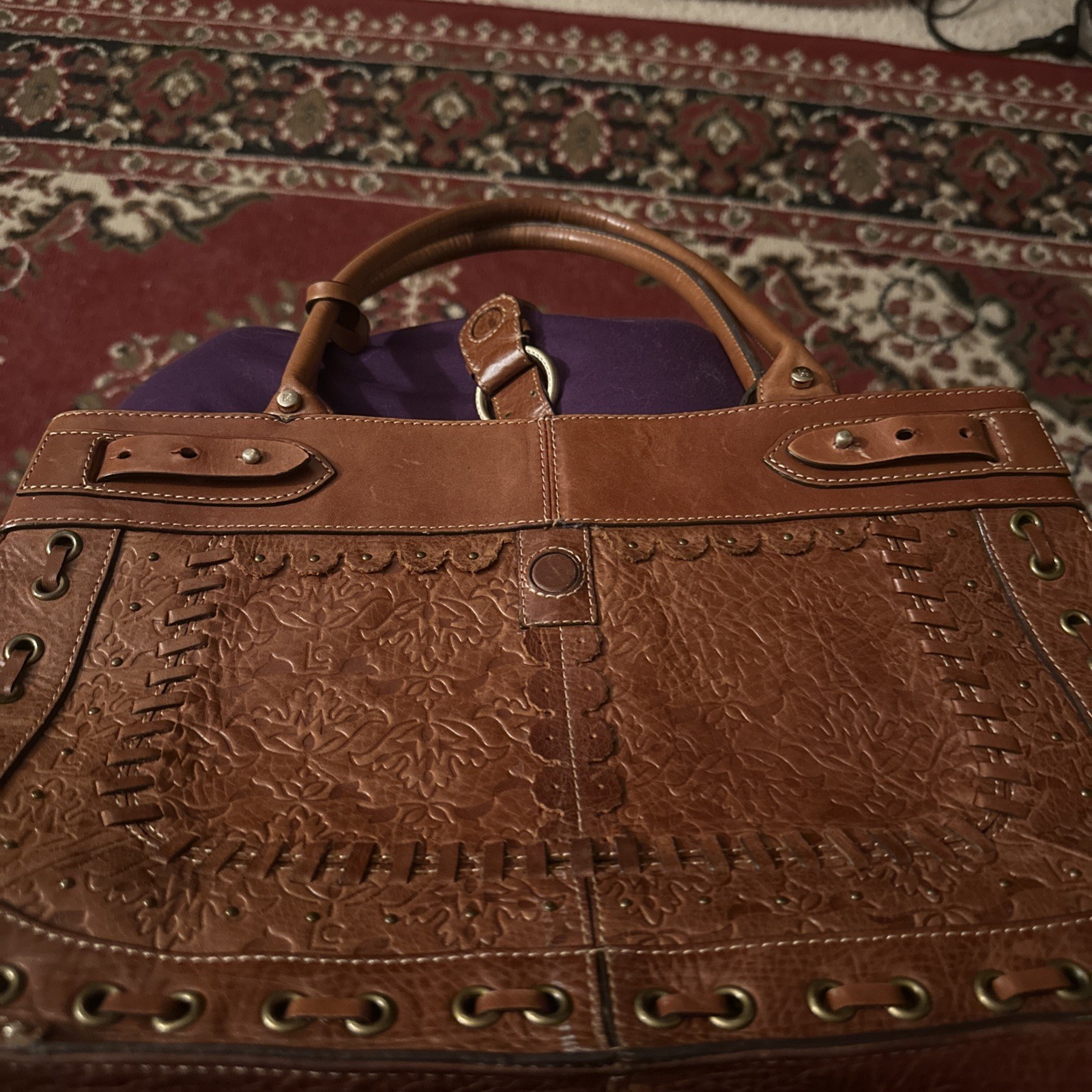 Liz Claiborne Genuine Leather Purse Tooled Brown Shoulder Bag Whipstitch Boho