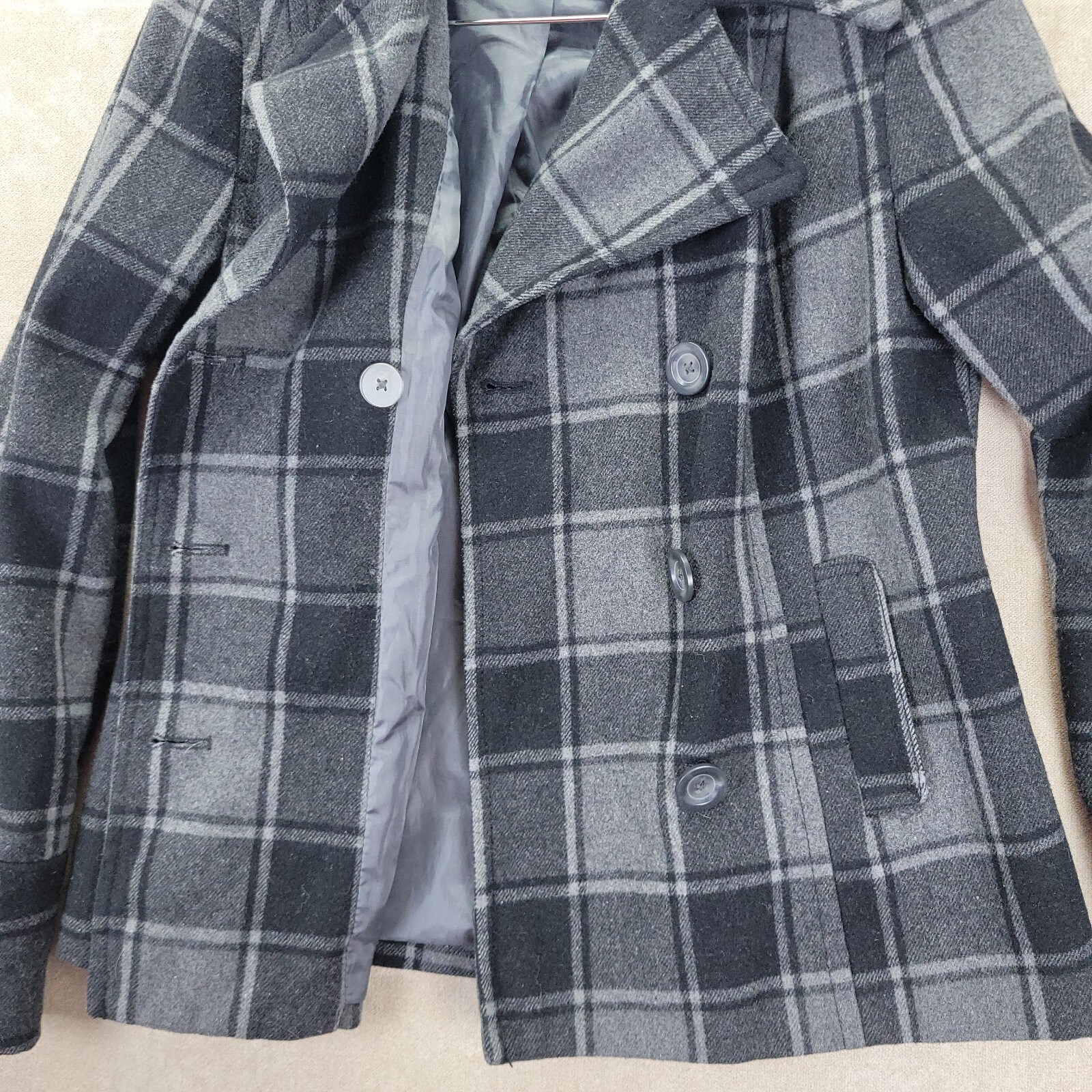 Old Navy Gray & Black Plaid Wool Blend Womens Double Breast Pea Coat Size Medium