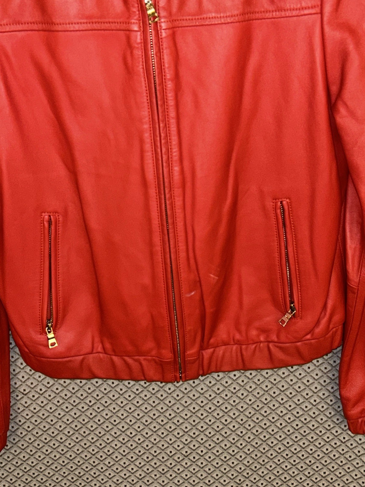 Bagatelle Collection Red Genuine Leather Jacket Womens M Collarless Gold Zip EUC