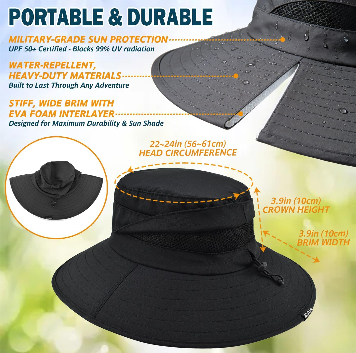 Men’S UPF 50+ Waterproof Wide Brim Boonie Hat, Sun & Rain Protection | Packable