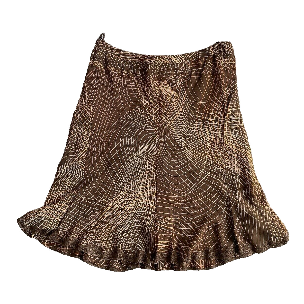 Nine West Silk Skirt Size 14 Brown Mid Rise Lace Trim Flutter Knee Length