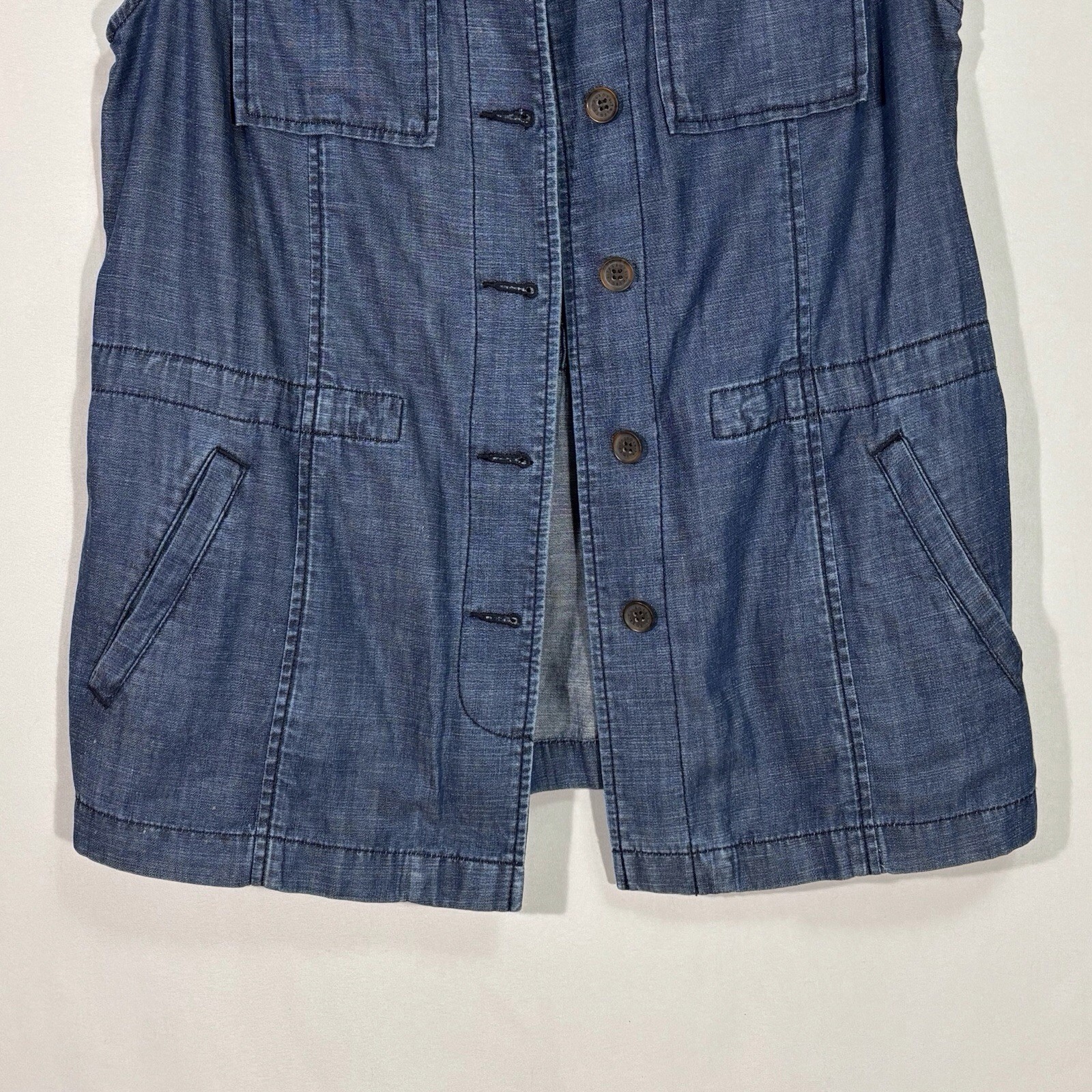 Talbots Blue Chambray Button Up Tunic Vest XL Pockets Cotton Linen Blend