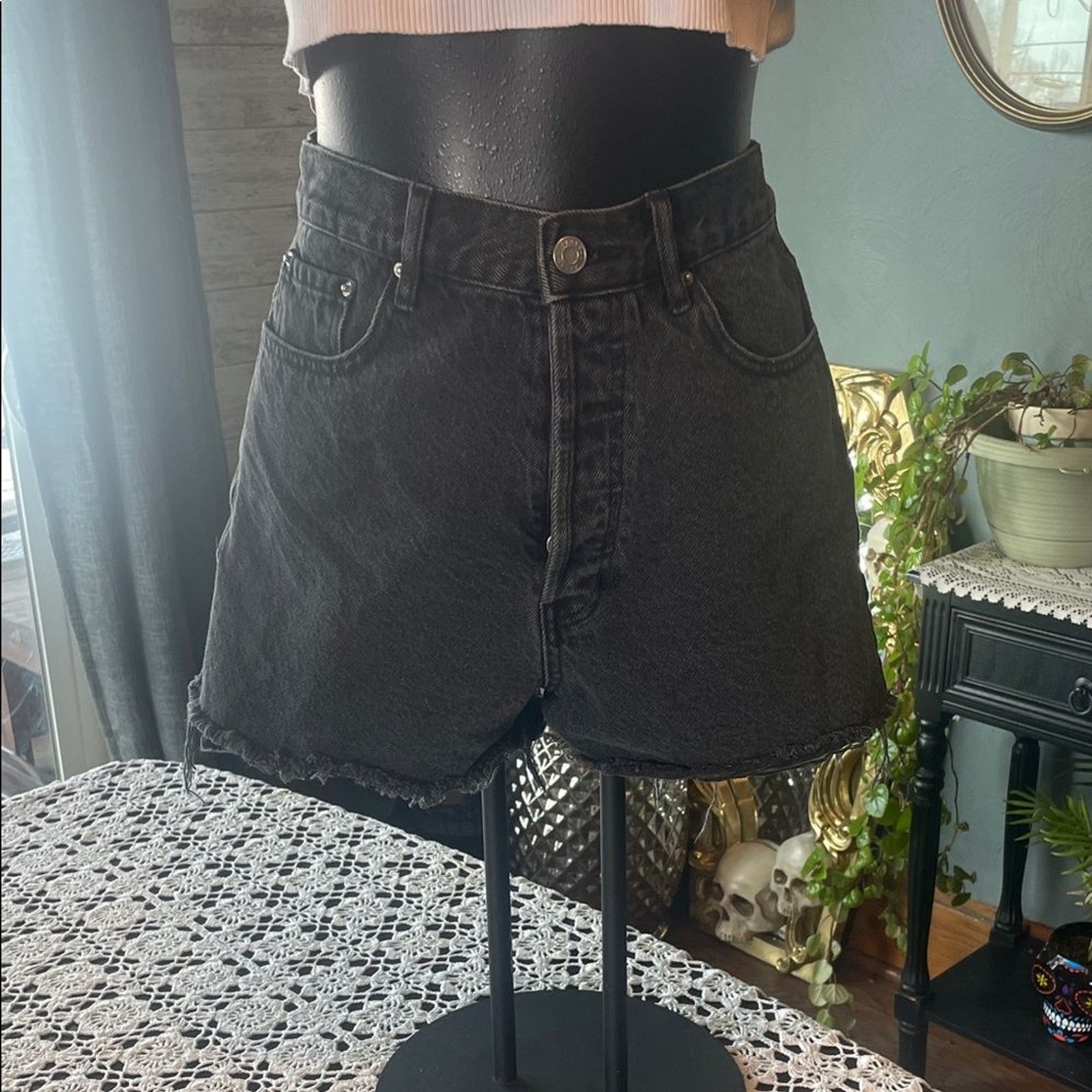 PLAYBOY Black Jean Shorts with White Bunny Print