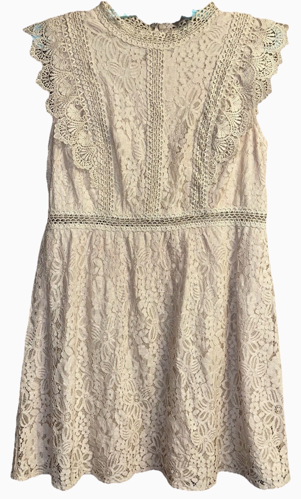 Ivory Crochet Floral Lace Overlay Dress Sz L Fit & Flare Cottagecore Fairycore
