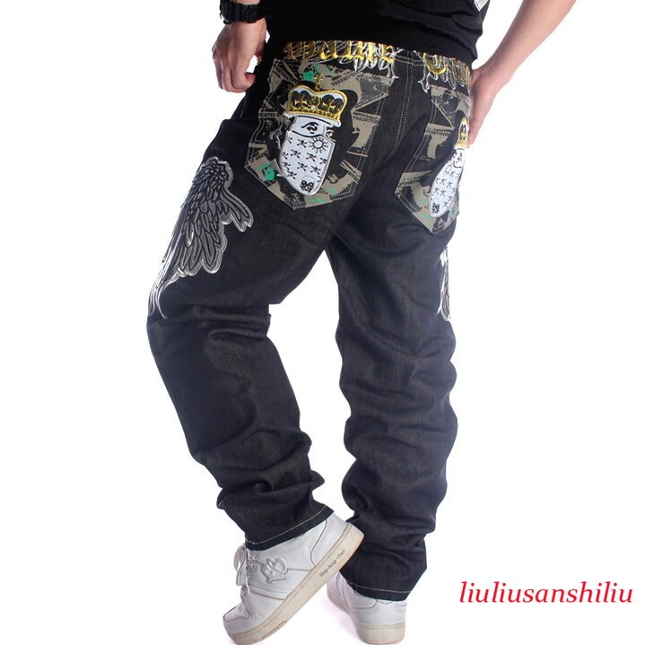 Mens Black Embroidery Jeans Relaxed Fit Loose Hip Hop Streetwear Pants W30-W46