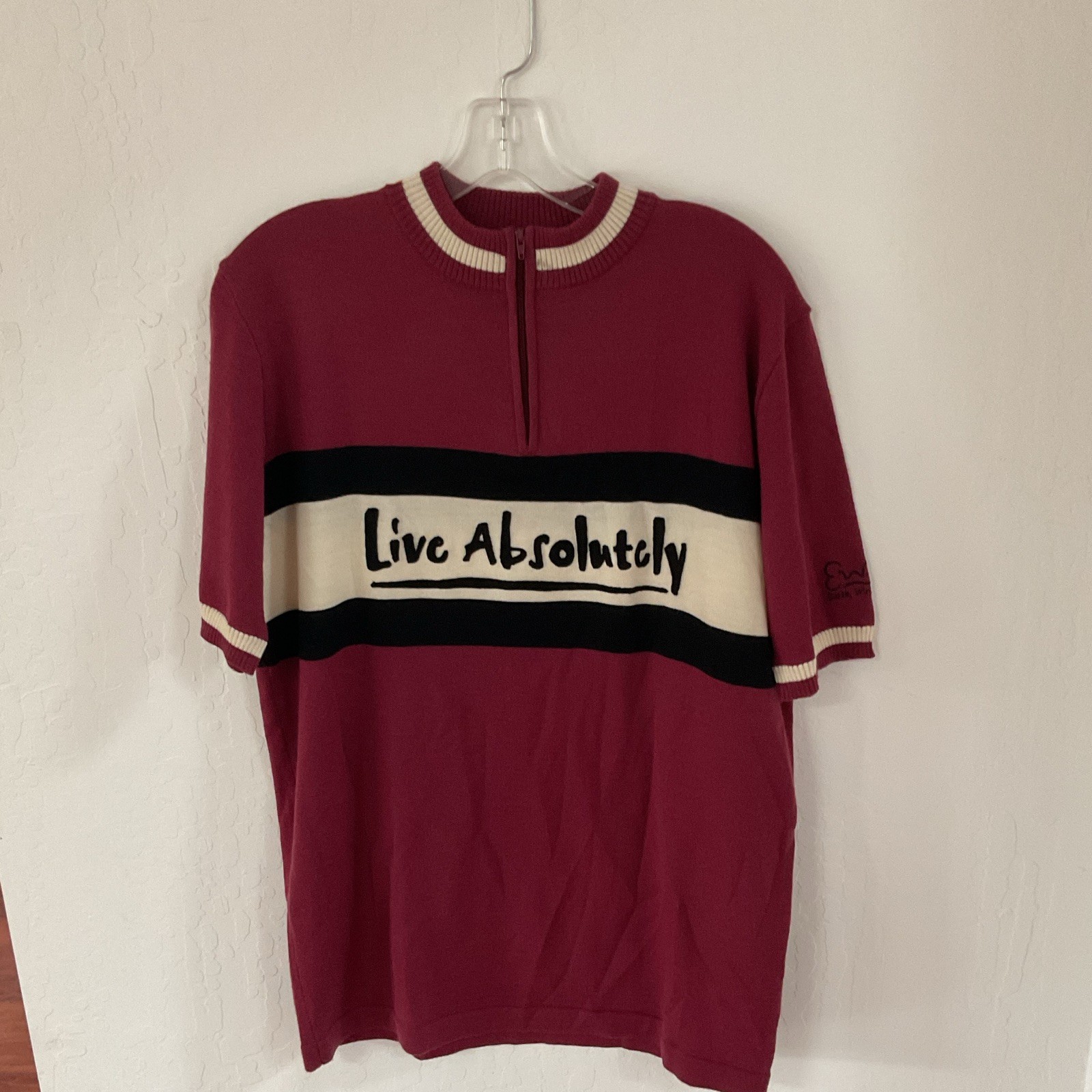 Earth Wind and Rider 1/4 Zip Striped Merino Wool Knit Sweater L Red/Black