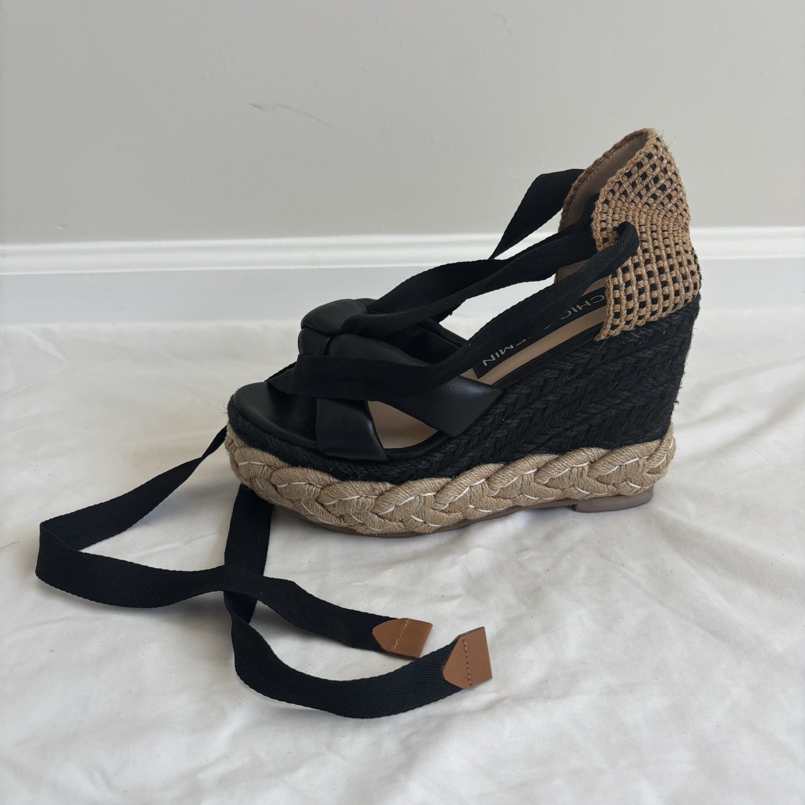 Chic Chelle Women’s Black Wedge Espadrille Sandals Ankle Wrap Tie EU 36