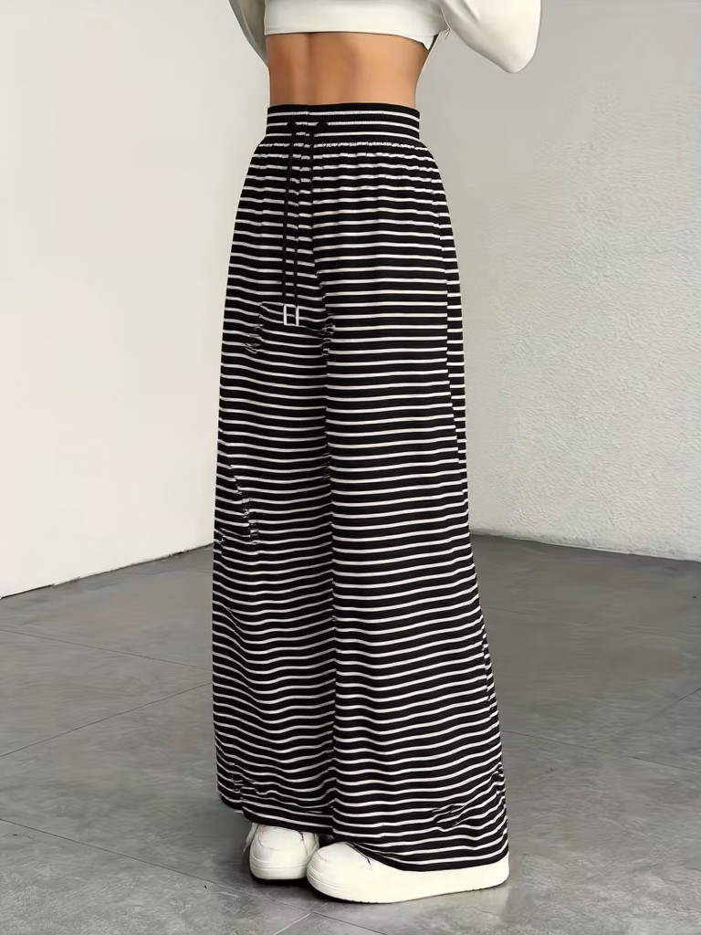 Black White Stripe Wide Leg Pants Elastic High Waist Drawstring Casual Trousers