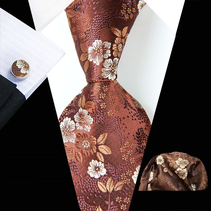 Classic Floral Brown White Jacquard Silk Men’s Tie Necktie Hanky Cufflink Set
