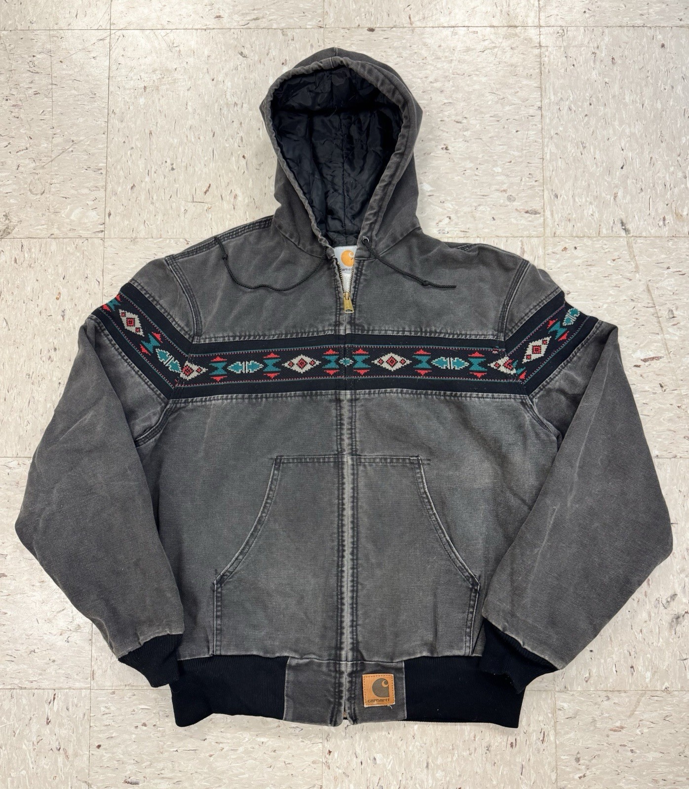 Vintage Carhartt Southwestern Aztec Hooded Jacket JR0005 Black/Grey Faded Large