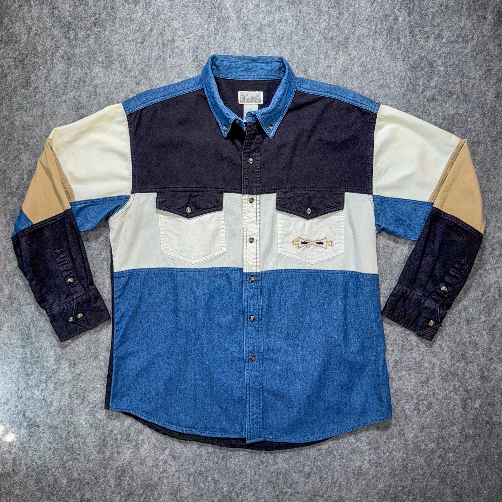 Vtg Express Rider Western Shirt Men L Pearl Snap Southwestern Denim Colorblock