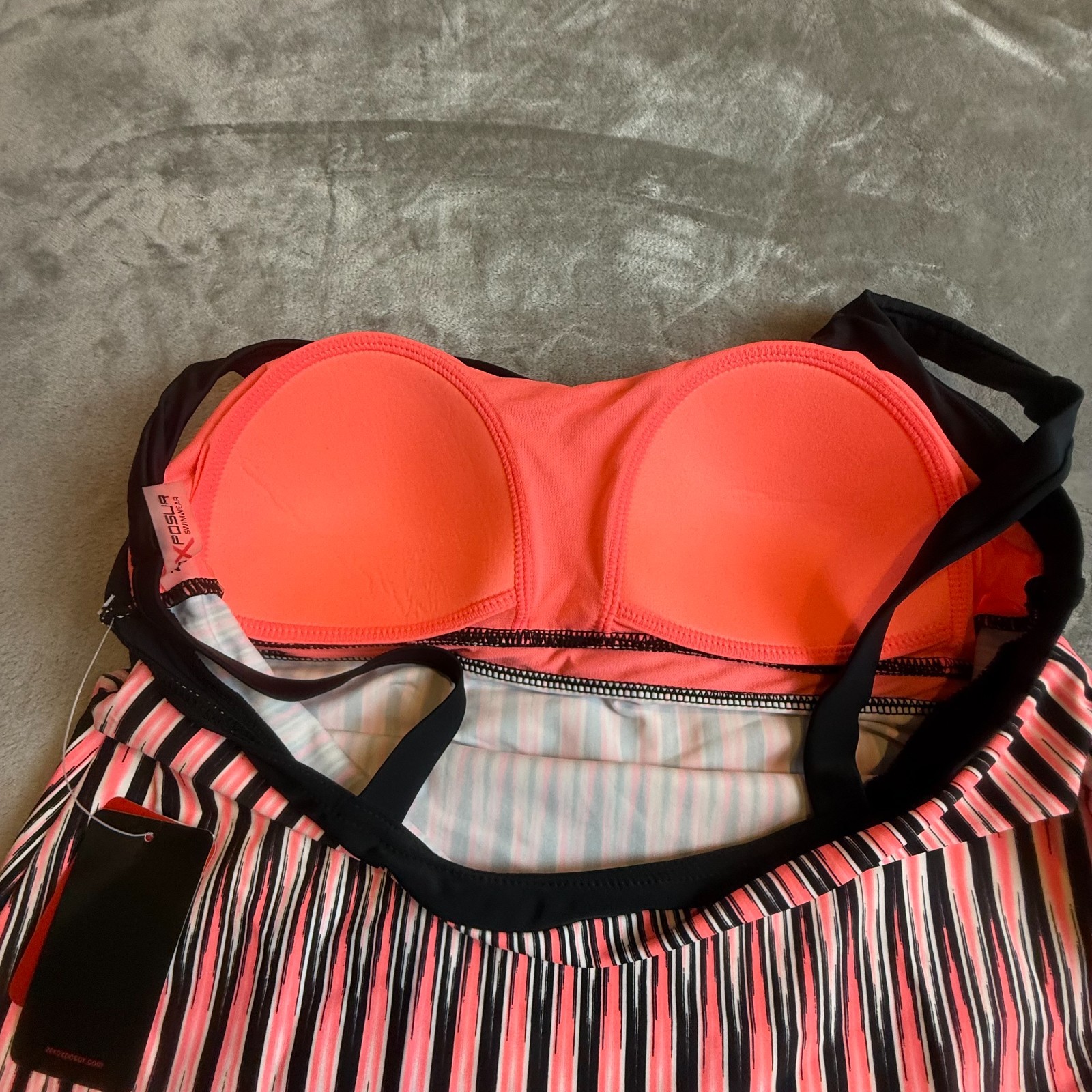 NWT ZeroXposur Starfish Tankini Top Size 16 Pink Black Striped Swim Top UPF 30+