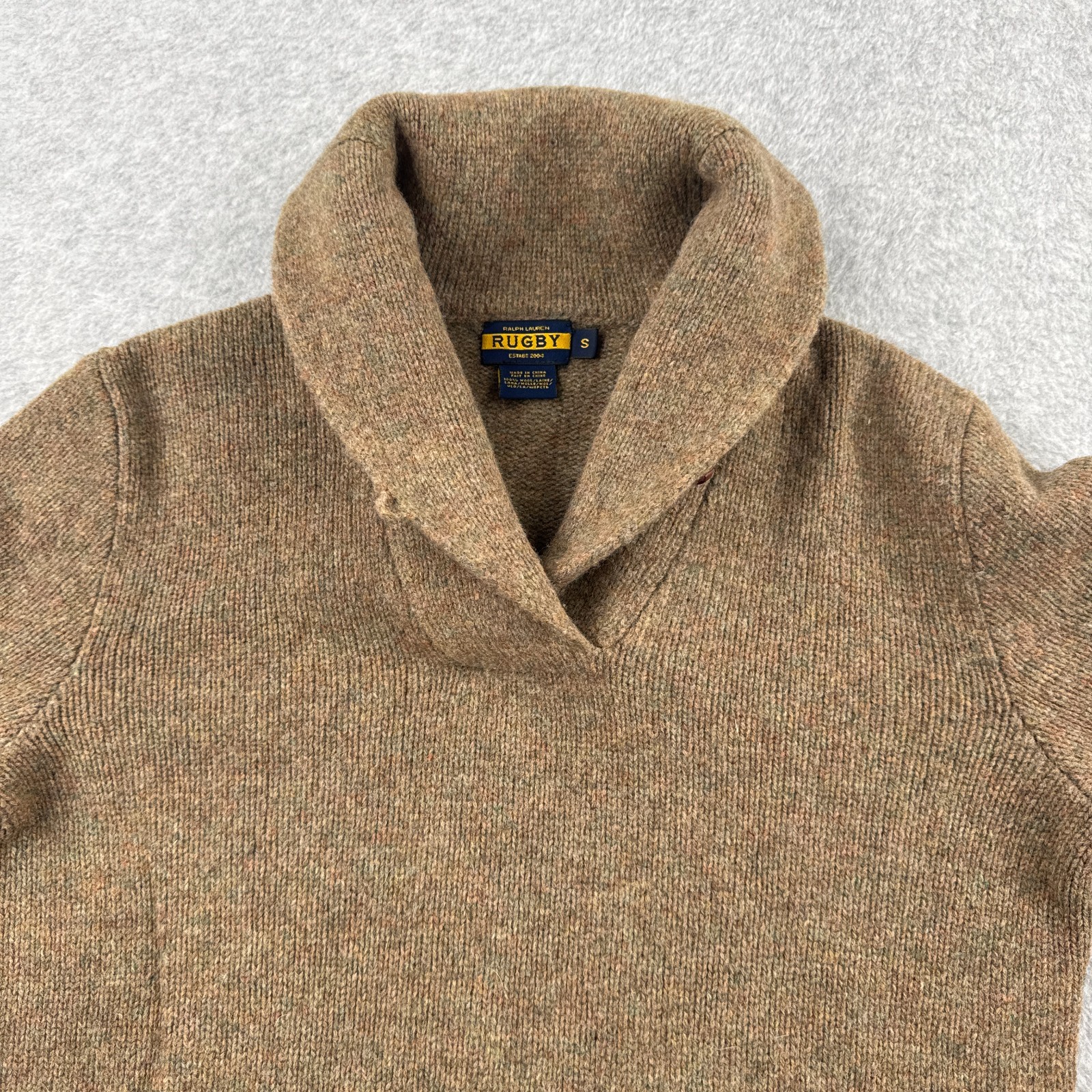 Ralph Lauren Rugby Sweater Mens Small Brown Elbow Patches 100% Wool Shawl Collar