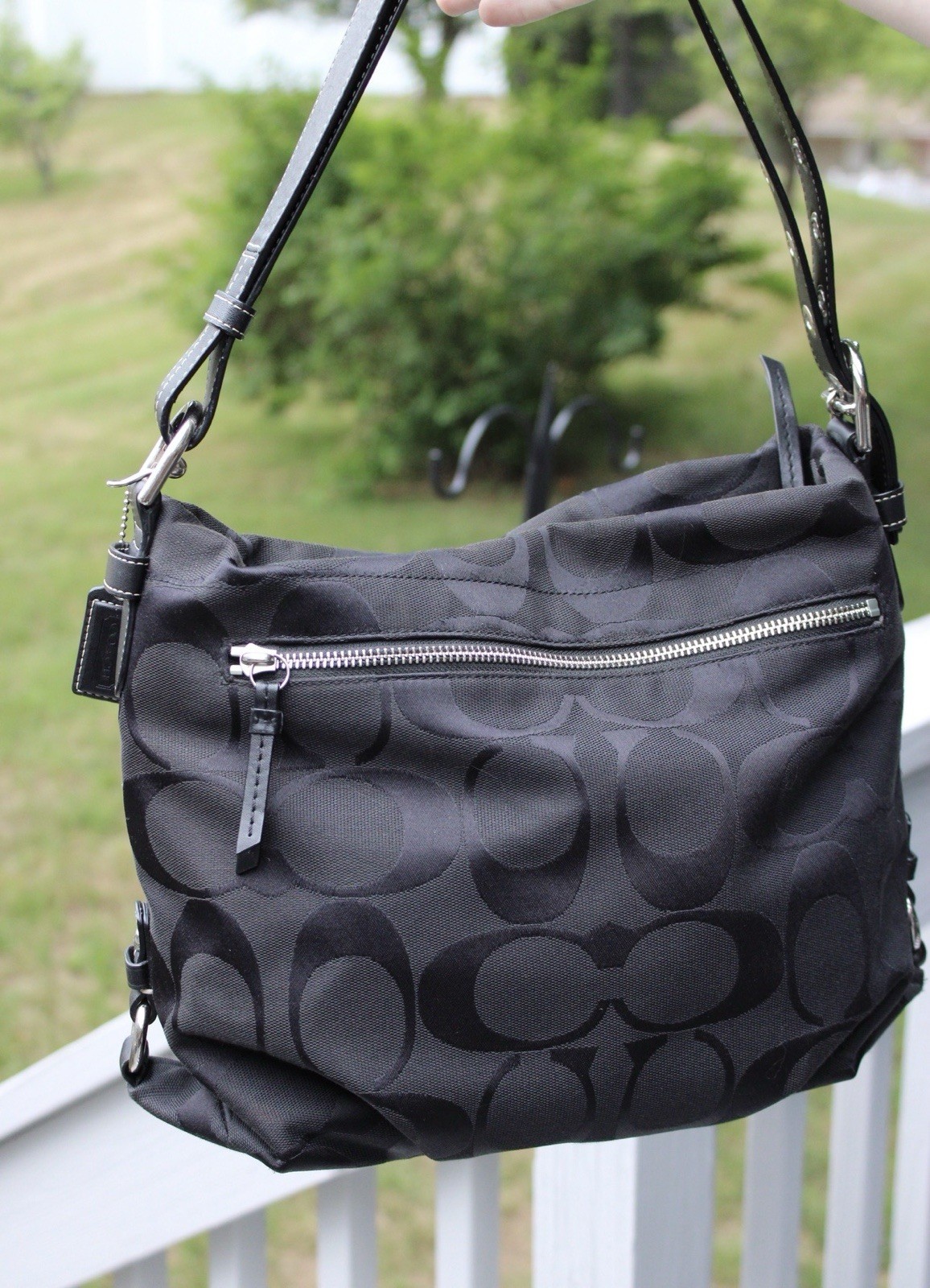 Vintage Coach Signature Hobo Bag, color black, featuring silver-tone hardware