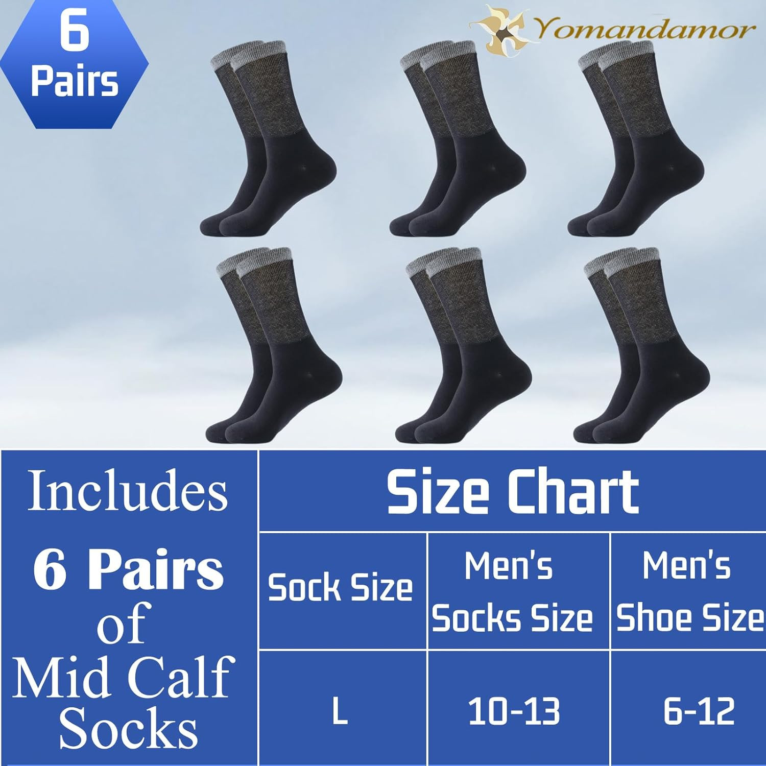 Men’s Diabetic Socks Seamless Toe Mid Calf 6 Pairs Size L