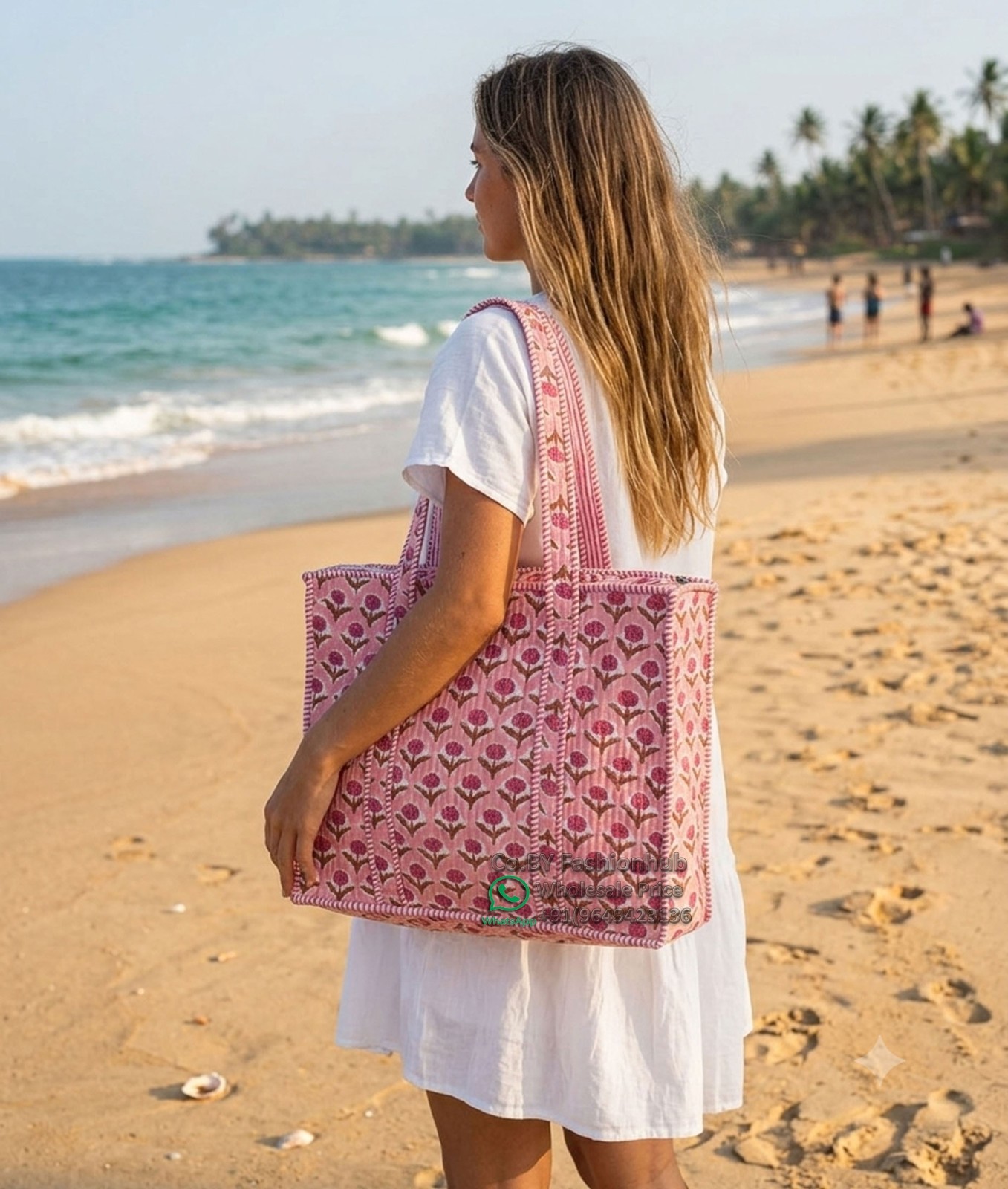 Quilted Tote Bag Handmade Block Print Cotton Handbag Indian Floral Boho Beach