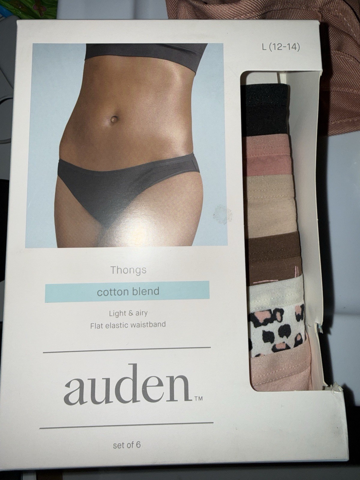 Auden Women’s Multicolor Cotton Blend Thong 6 Pack Size Large NEW IN BOX