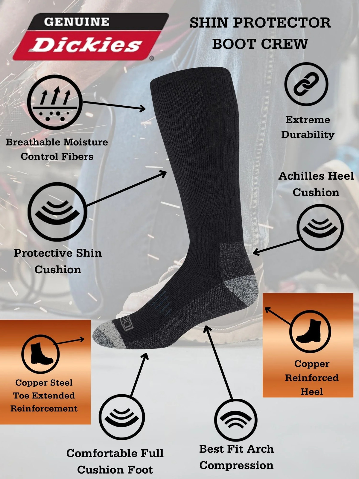 Dickies Men’s Shin Protector Boot Sock, 3 Pack Black Size 6-12